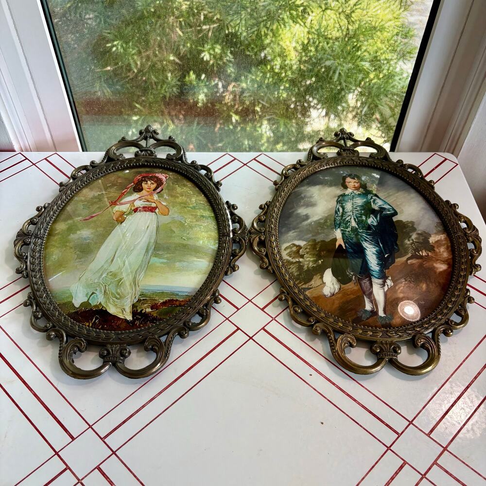 Vintage Ornate Syroco Convex Bubble Glass Framed Prints Set of 2 Wall Decor